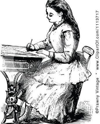 black and white sketch of girl writing a Book