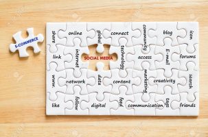 E-commerce and socialmedia words on jigsaw puzzle background, su